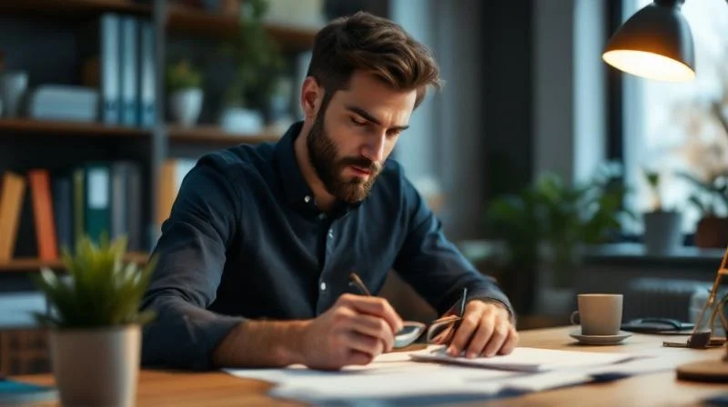 Frau liest Unterlagen zum Aufstiegs-BAfoeg am Kuechentisch in Essen