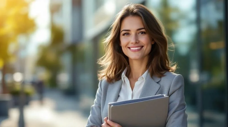 Frau haelt Dokumente in der Hand vor einem modernen Buerogebaeude in Essen