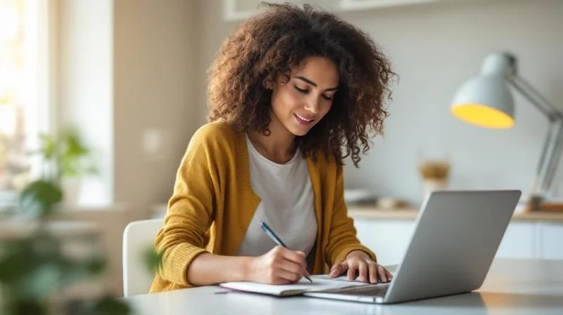 Frau nimmt an einem Online-Kurs teil, Laptop und Notizblock auf dem Schreibtisch in Essen