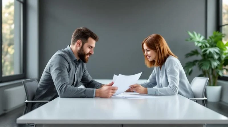 Mann und Frau besprechen Unterlagen in einem modernen Buero in Essen