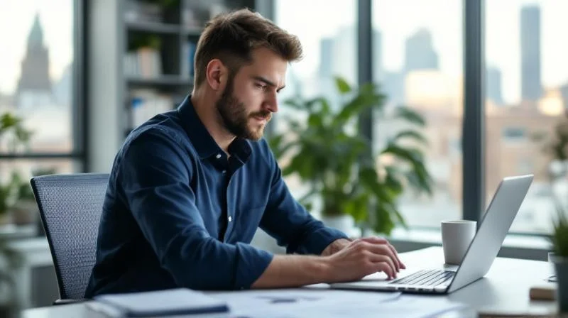Mann studiert Karriereoptionen am Laptop in einem modernen Buero in Essen