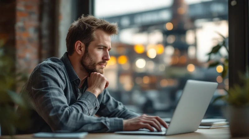 Essener Angestellter im Coworking-Space mit Laptop, im Hintergrund Zollverein-Industriedenkmal