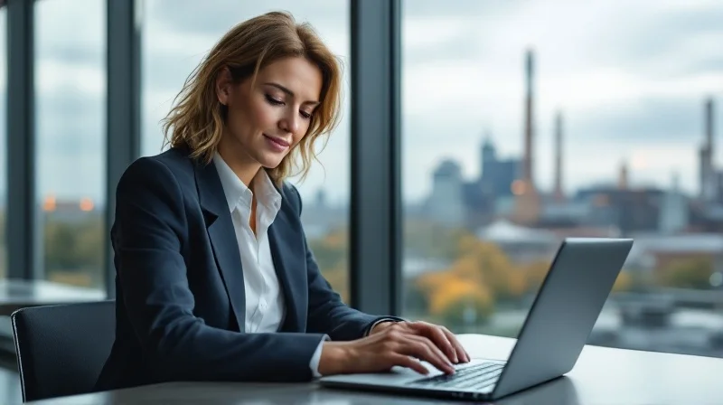 Essener Geschäftsführerin im modernen Büro mit Blick auf Zollverein-Industriekultur