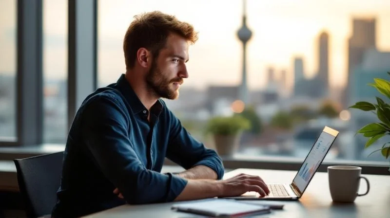 Quereinsteiger in Essen arbeitet am Laptop, im Hintergrund die RWE-Konzernzentrale