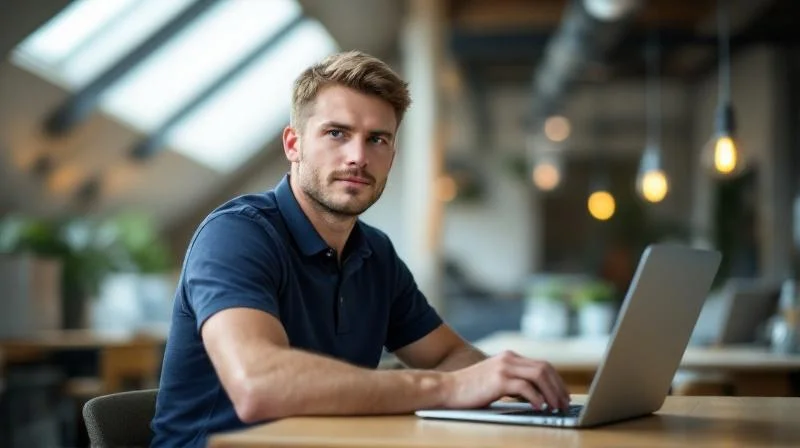 Mann arbeitet konzentriert am Laptop in einem Coworking-Space in Essen