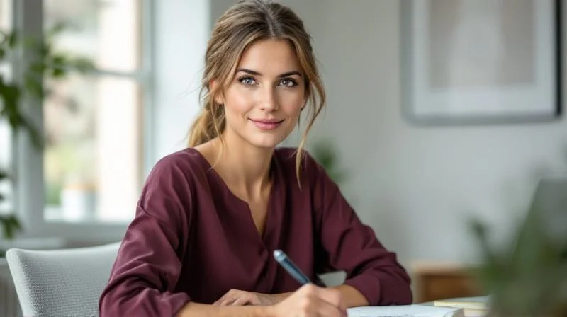 Berufstaetige Frau am Schreibtisch mit Laptop in einem hellen Raum in Essen
